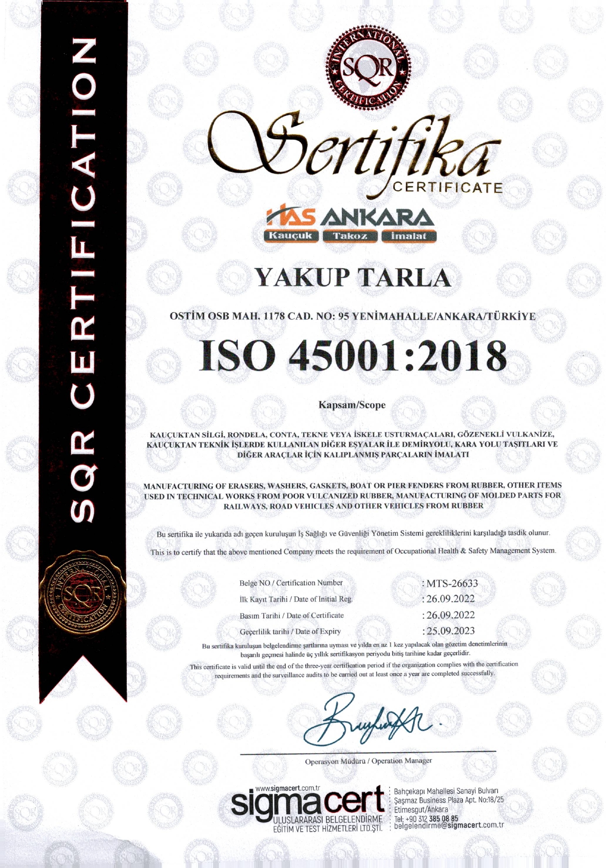 kauçuk iso 45001 sertifikası
