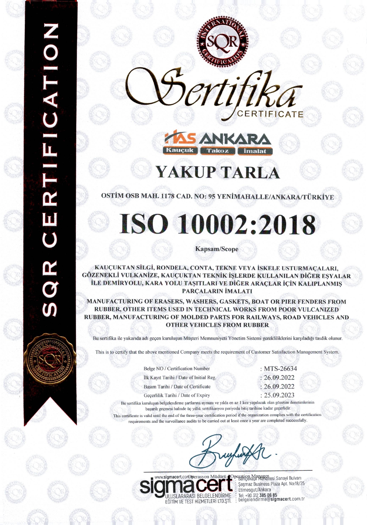 kauçuk iso 10002 sertifikası